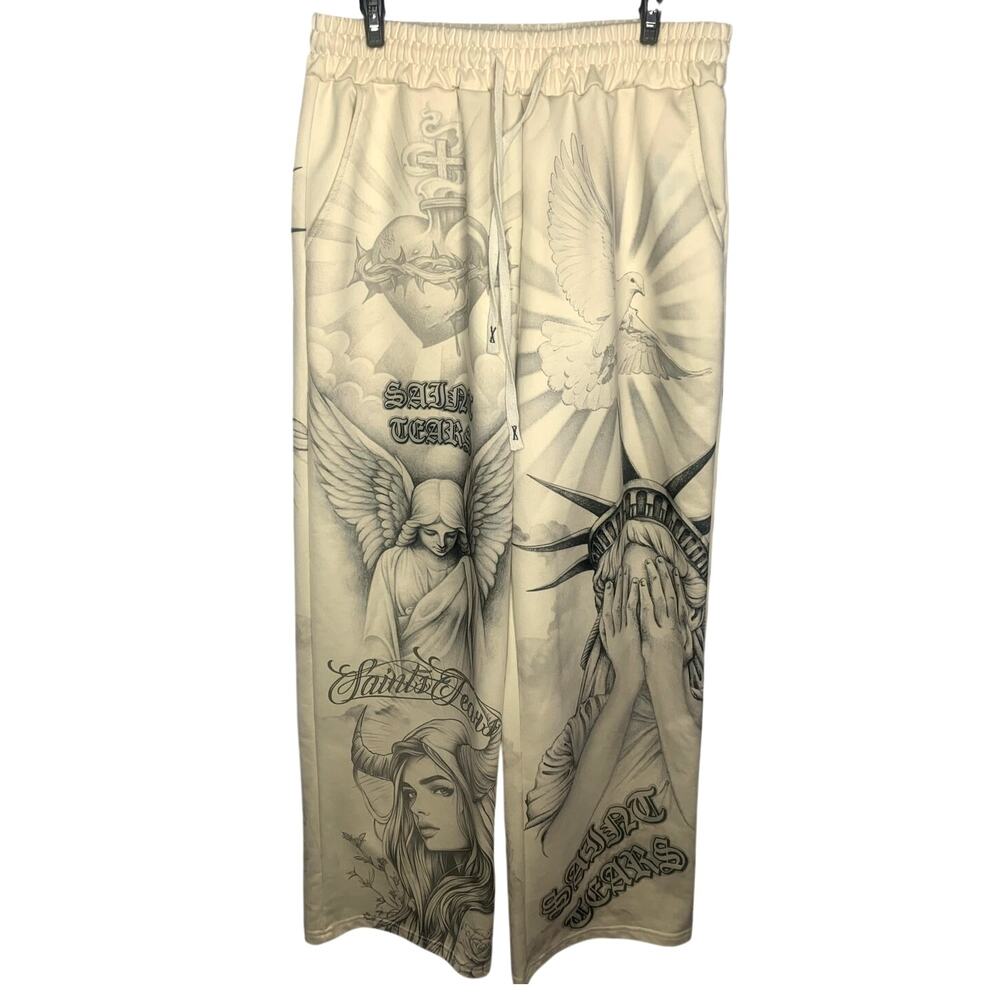 Romwe Men's L Roman Saint Tears, Gothic, Angel Wings Wide Leg Sweatpants